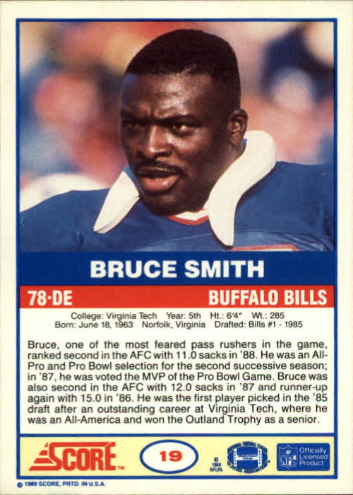 1989 Score #19 Bruce Smith back image