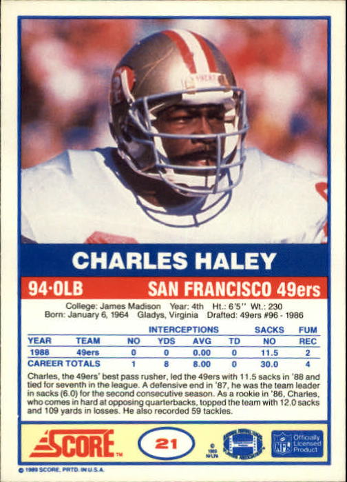 1989 Score #21 Charles Haley back image