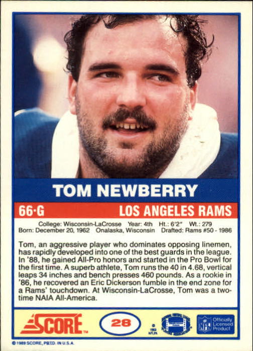 1989 Score #28 Tom Newberry RC back image