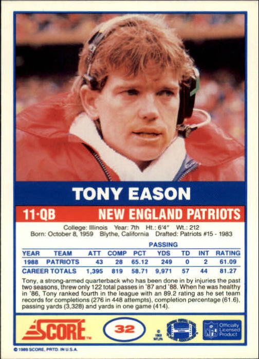 1989 Score #32 Tony Eason back image