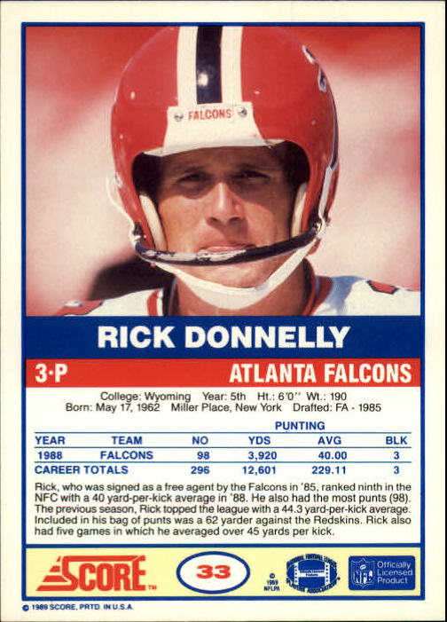 1989 Score #33 Rick Donnelly UER/(229.11 yards per punt) back image