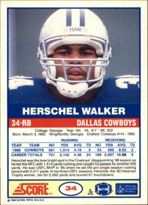 1989 Score #34 Herschel Walker back image