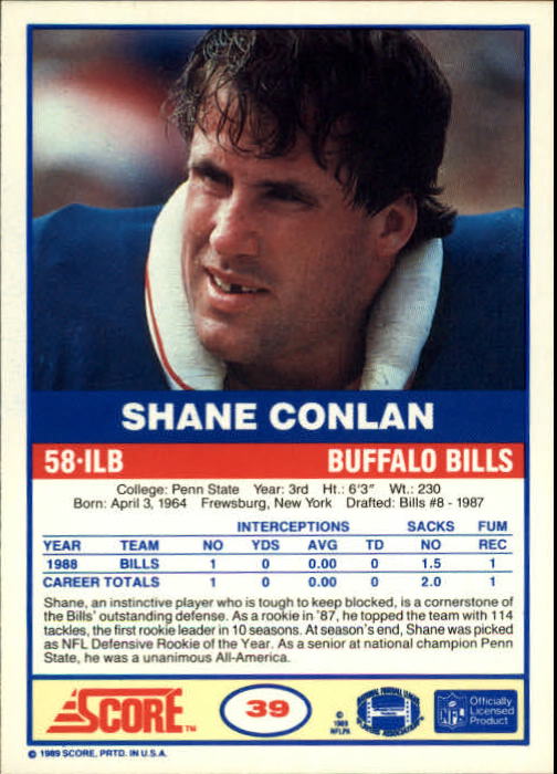 1989 Score #39 Shane Conlan back image