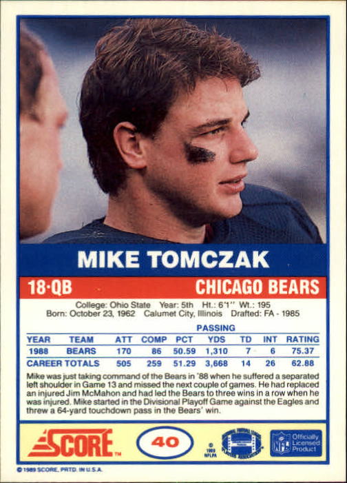 1989 Score #40 Mike Tomczak back image