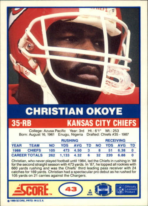 1989 Score #43 Christian Okoye back image