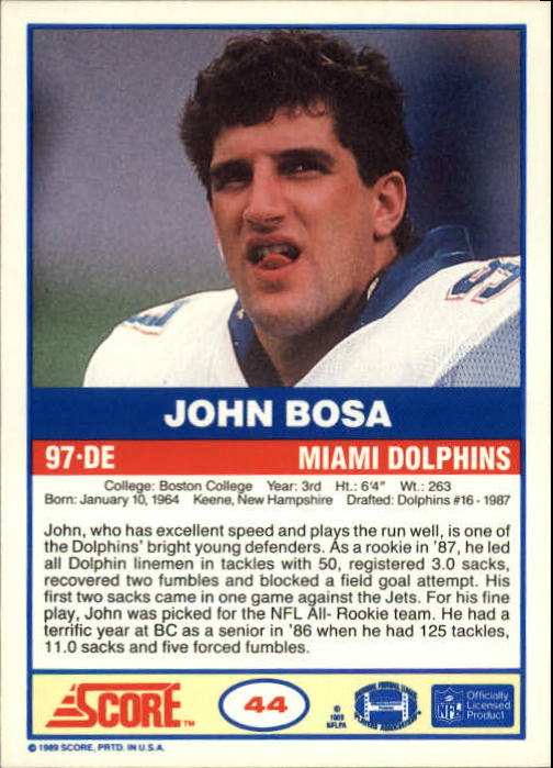 1989 Score #44 John Bosa back image