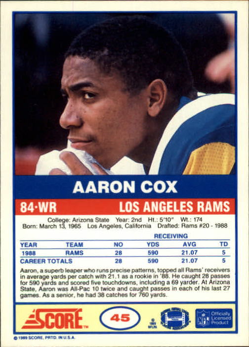 1989 Score #45 Aaron Cox RC back image