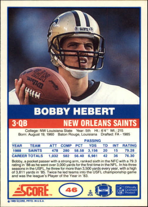 1989 Score #46 Bobby Hebert back image