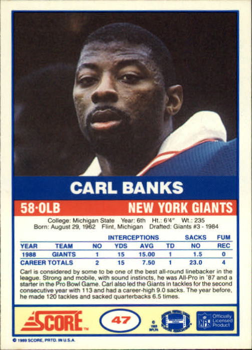 1989 Score #47 Carl Banks back image