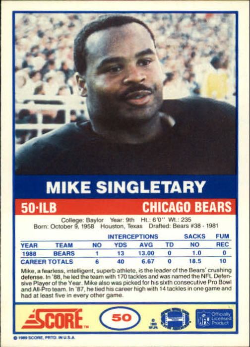 1989 Score #50 Mike Singletary back image
