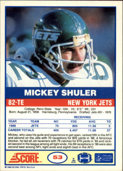 1989 Score #53 Mickey Shuler back image