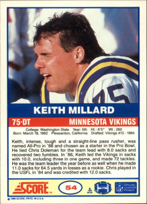 1989 Score #54 Keith Millard back image