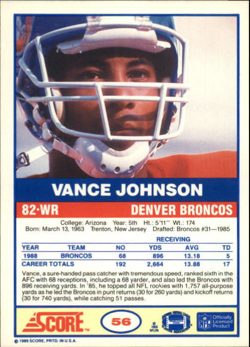 1989 Score #56 Vance Johnson back image