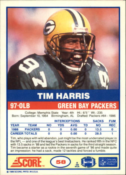 1989 Score #58 Tim Harris back image