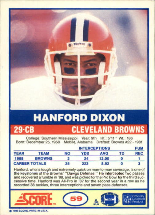 1989 Score #59 Hanford Dixon back image
