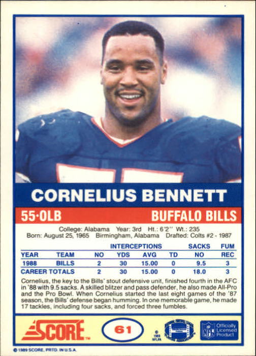 1989 Score #61 Cornelius Bennett back image