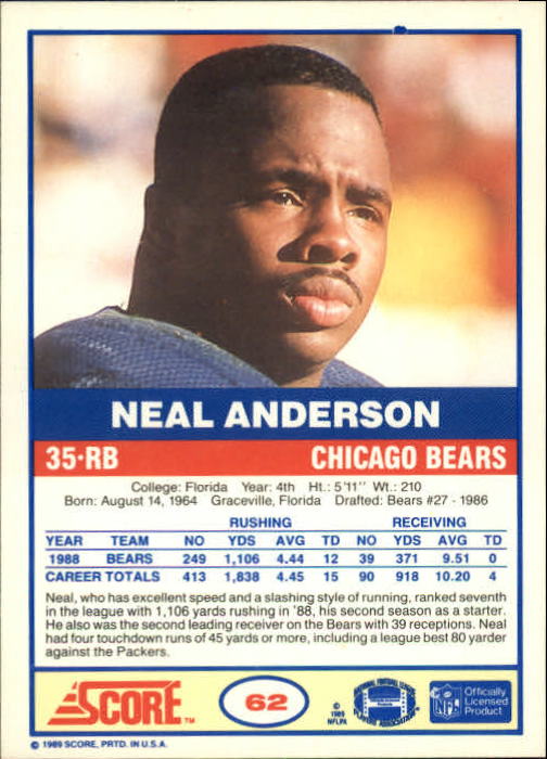 1989 Score #62 Neal Anderson back image