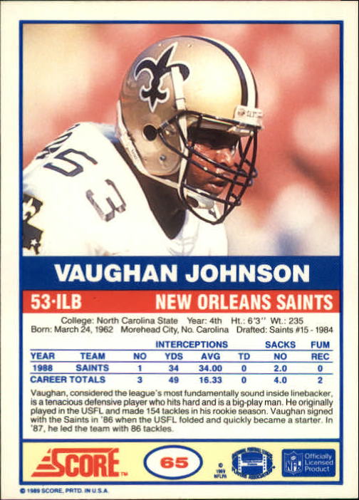 1989 Score #65 Vaughan Johnson RC back image