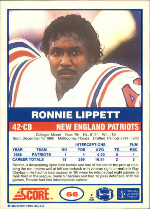 1989 Score #66 Ronnie Lippett back image