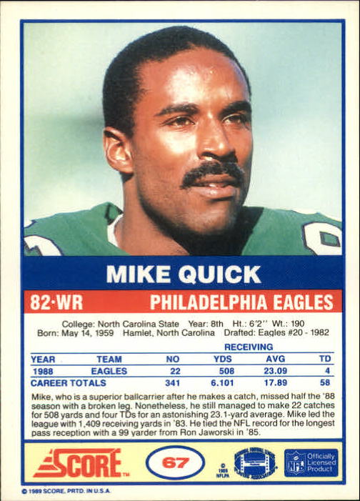 1989 Score #67 Mike Quick back image