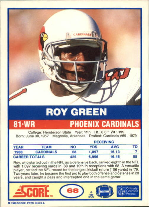 1989 Score #68 Roy Green back image