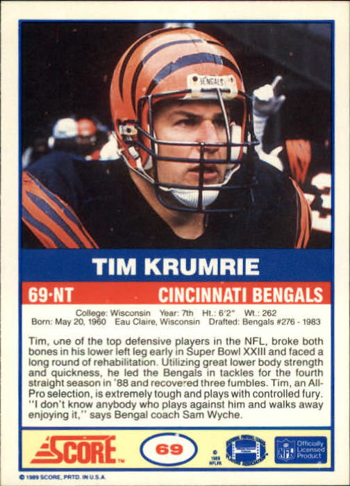 1989 Score #69 Tim Krumrie back image