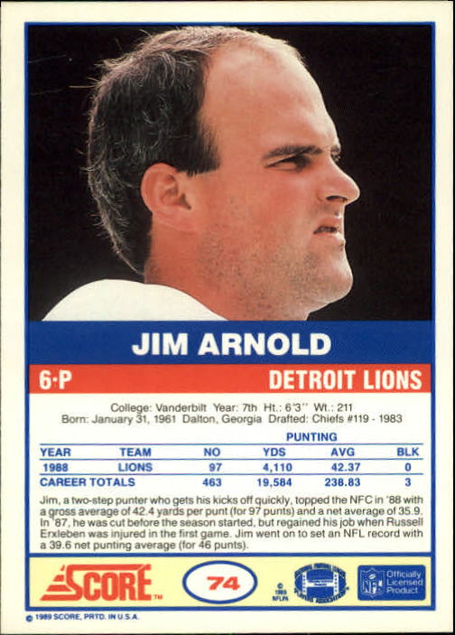 1989 Score #74 Jim Arnold UER/(238.83 yards per punt) back image