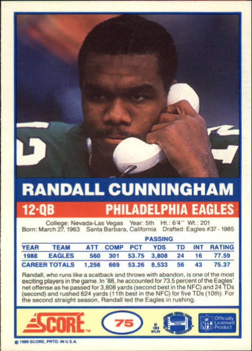 1989 Score #75 Randall Cunningham back image