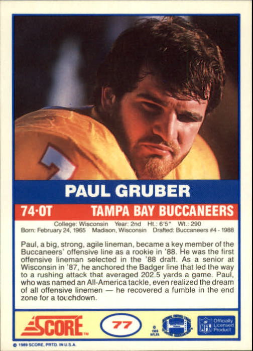 1989 Score #77 Paul Gruber RC back image