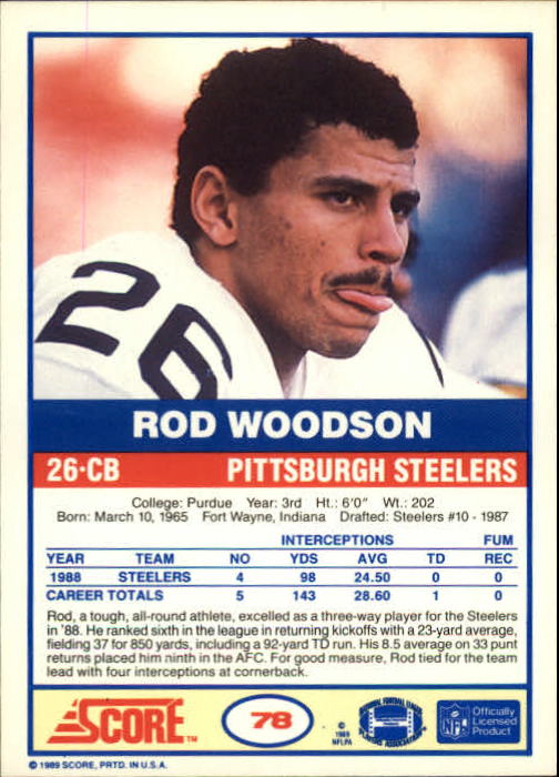 1989 Score #78 Rod Woodson RC back image
