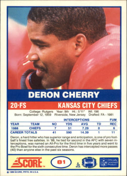 1989 Score #81 Deron Cherry back image