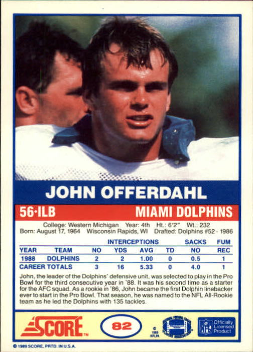 1989 Score #82 John Offerdahl back image