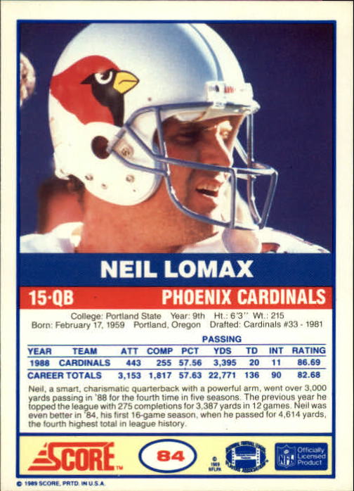 1989 Score #84 Neil Lomax back image