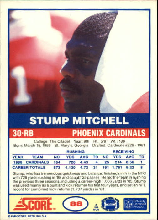 1989 Score #88 Stump Mitchell back image