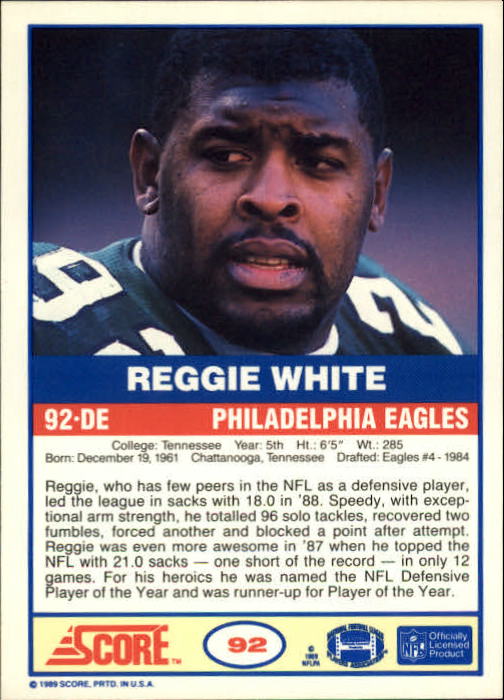 1989 Score #92 Reggie White back image