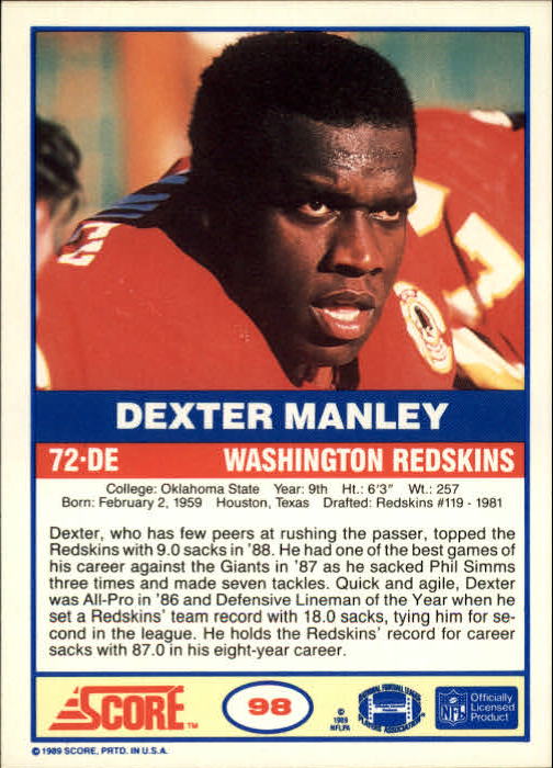 1989 Score #98 Dexter Manley back image