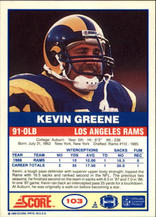 1989 Score #103 Kevin Greene back image