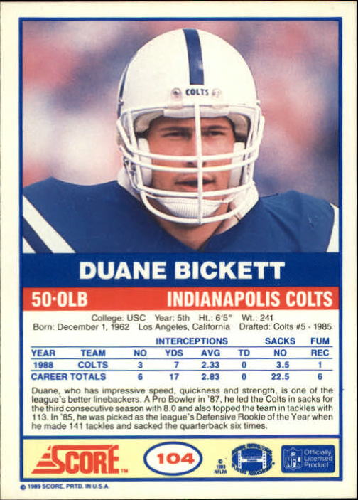 1989 Score #104 Duane Bickett back image