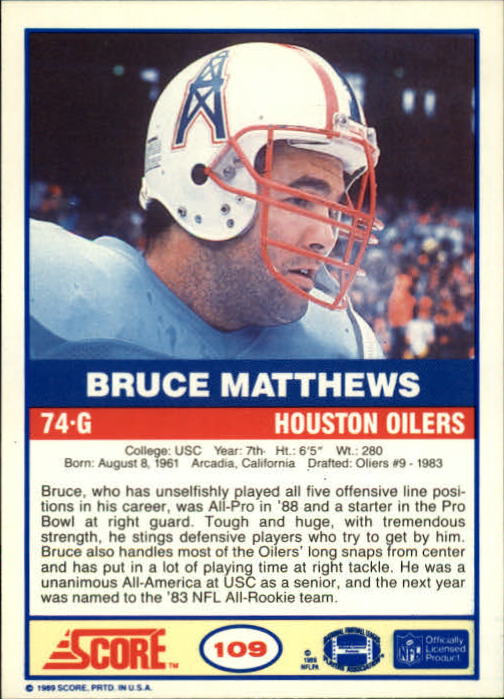 1989 Score #109 Bruce Matthews RC back image