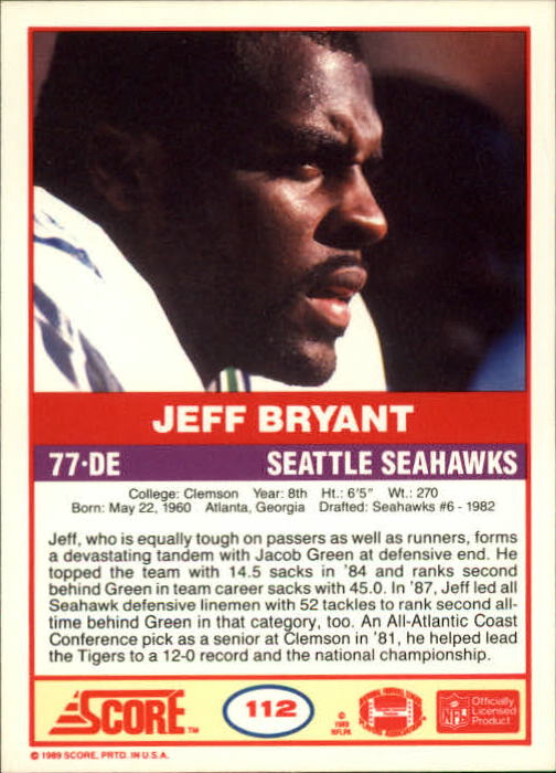 1989 Score #112 Jeff Bryant back image