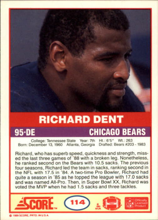 1989 Score #114 Richard Dent back image