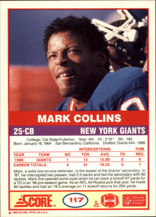 1989 Score #117 Mark Collins RC back image