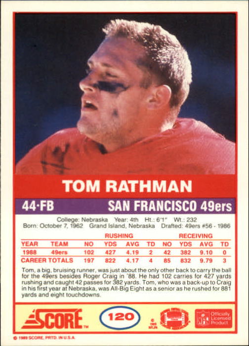 1989 Score #120 Tom Rathman back image