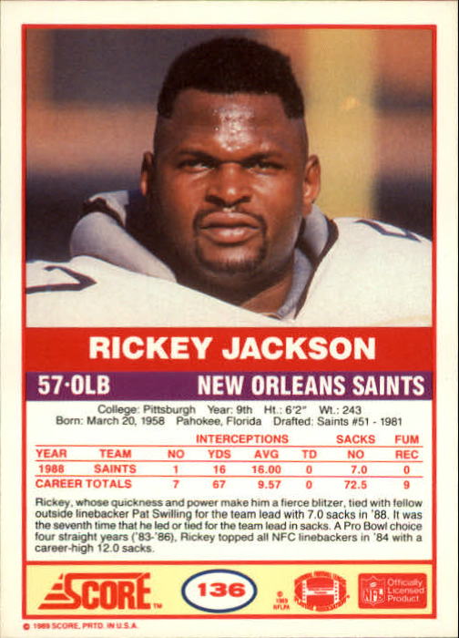 1989 Score #136 Rickey Jackson back image