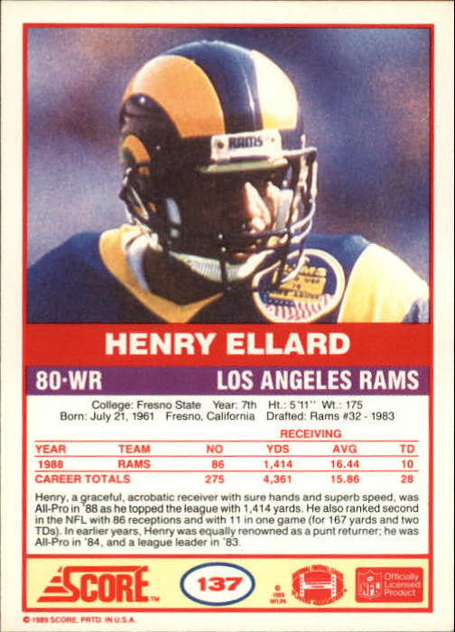 1989 Score #137 Henry Ellard back image