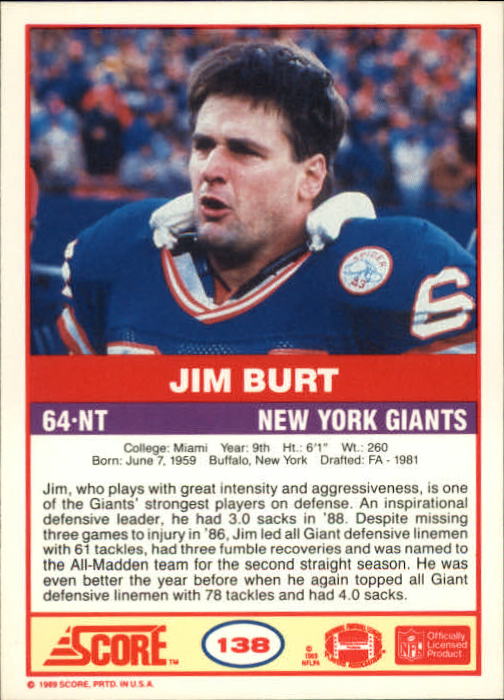 1989 Score #138 Jim Burt back image