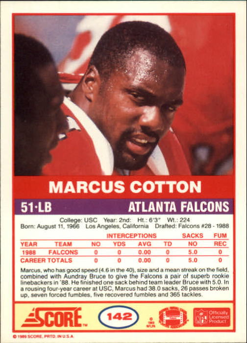 1989 Score #142 Marcus Cotton RC back image