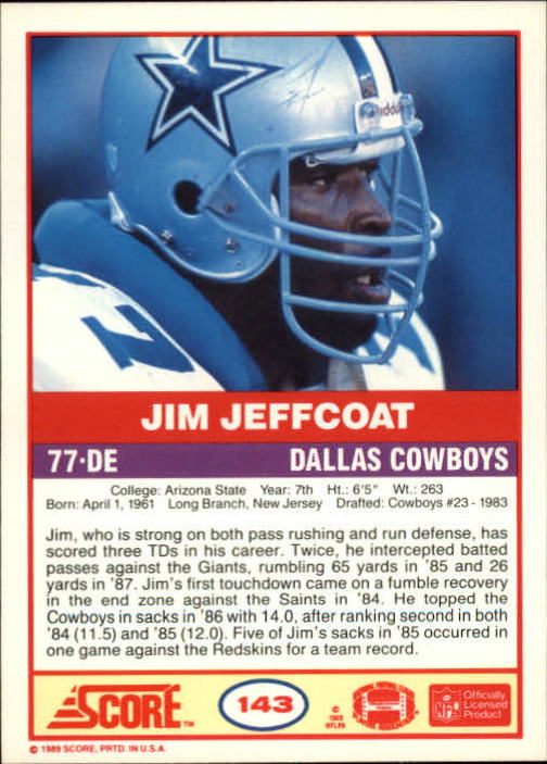 1989 Score #143 Jim Jeffcoat back image