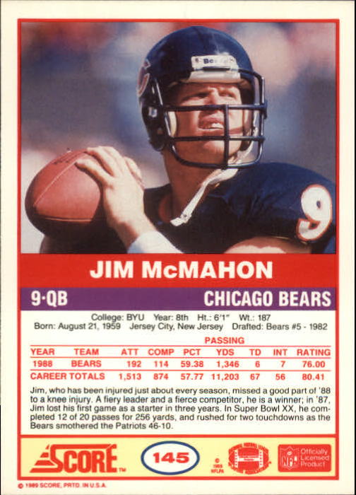 1989 Score #145 Jim McMahon back image