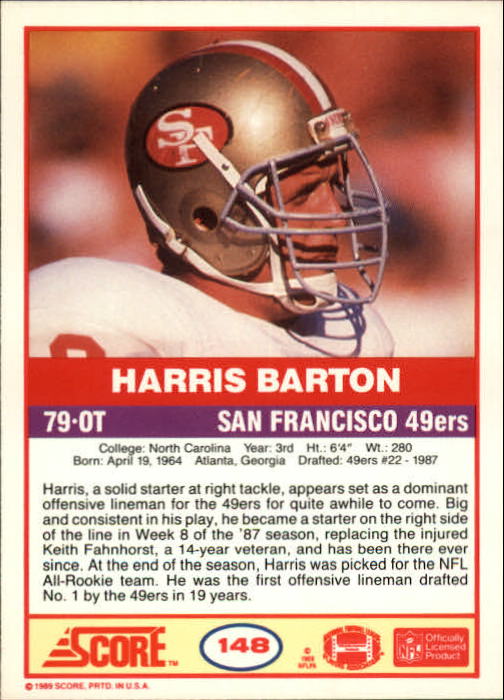 1989 Score #148 Harris Barton RC back image